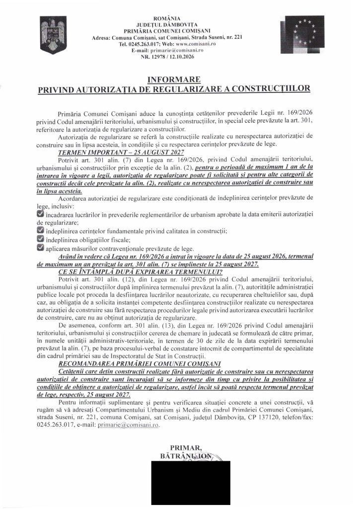 INFORMARE PRIVIND AUTORIZAȚIA DE REGULARIZARE A CONSTRUCȚIILOR 1
